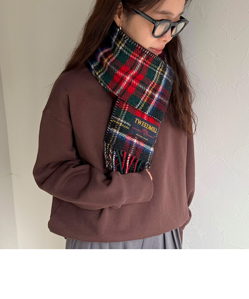 【TWEED MILL/ツイードミル】サイドステッチウールチェックマフラー