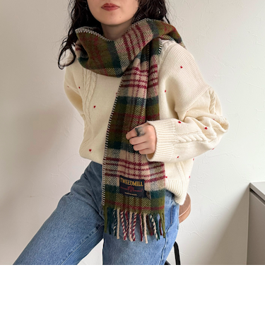 【TWEED MILL/ツイードミル】サイドステッチウールチェックマフラー