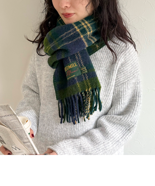 【TWEED MILL/ツイードミル】サイドステッチウールチェックマフラー