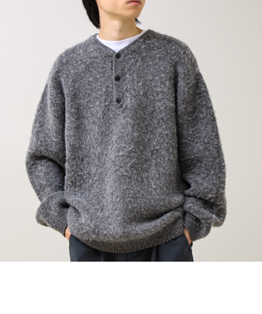 【モヘアタッチ/ユニセックス対応】ヘンリーネックプルオーバーニット