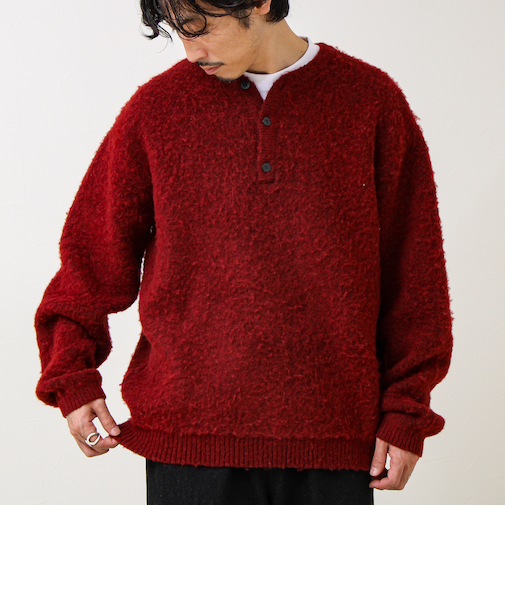【モヘアタッチ/ユニセックス対応】ヘンリーネックプルオーバーニット