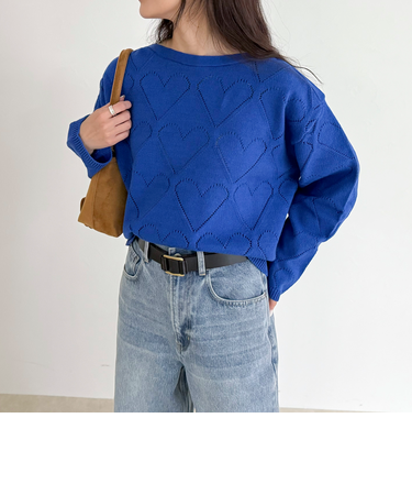 LINEN混ハート透かし柄ニット