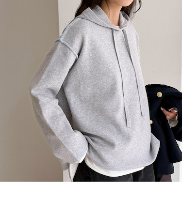 フード付き配色ステッチニットプルオーバー