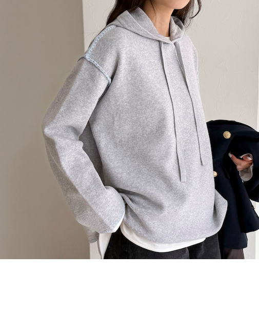 フード付き配色ステッチニットプルオーバー