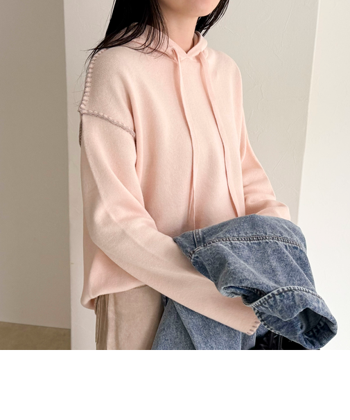 フード付き配色ステッチニットプルオーバー