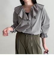 チェックフリルカラーブラウス