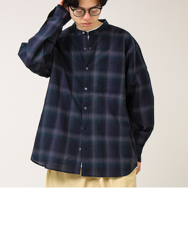 【夏まで使える】テクスチャーバンドカラーチェックシャツ