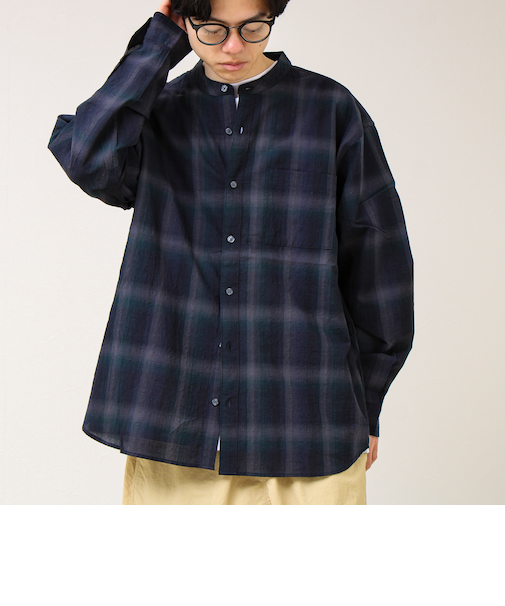 【夏まで使える】テクスチャーバンドカラーチェックシャツ