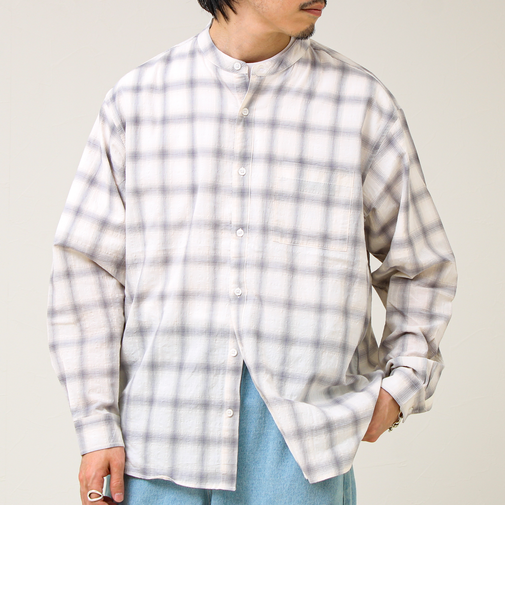 【夏まで使える】テクスチャーバンドカラーチェックシャツ