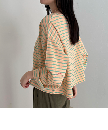 【人気商品の新型】ボーダーハートステッチルーズロンTシャツ