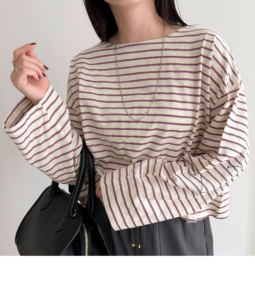 【人気商品の新型】ボーダーハートステッチルーズロンTシャツ