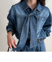 《セットアップ対応》デニムボウタイクロップドシャツ