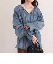 コットンボイルシアーデニムシャーリングブラウス
