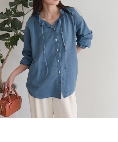 シアーデニムフリルカラーブラウス