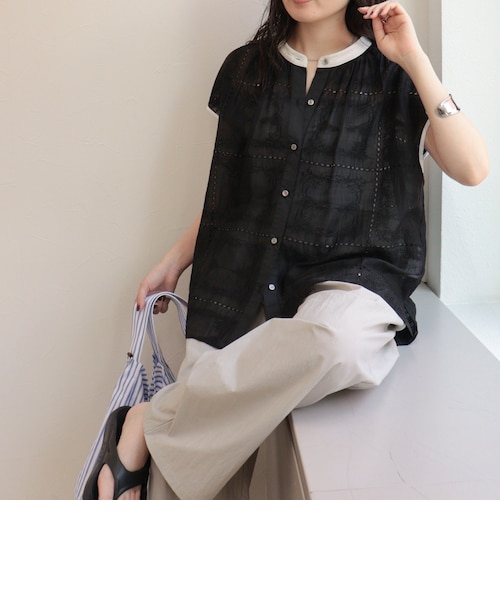 Peu pres フレンチスリーブブラウス+ イージークロス吊りスカート 予約》quaranciel:〈手洗い可能〉コットン チェック フレンチスリーブ