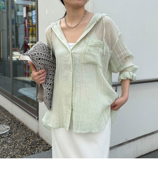 リネン混楊柳フーディシャツ