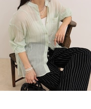 リネン混楊柳バンドカラーシャツ