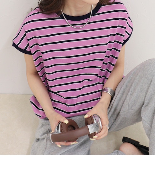 【汗ジミ軽減】ボーダー裾タックフレンチプルオーバーカットソー
