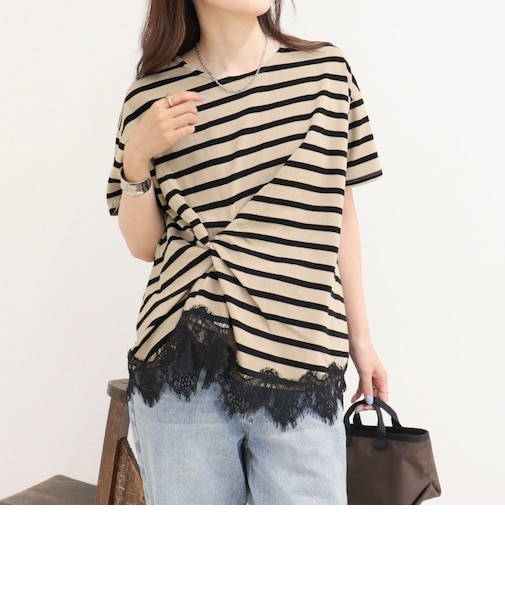 ボーダーアシメツイストプルオーバーTシャツ