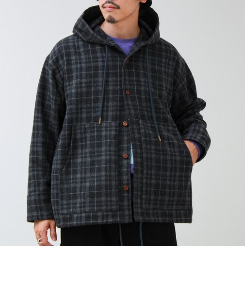 T/C起毛 チェックフーデッドシャツブルゾン