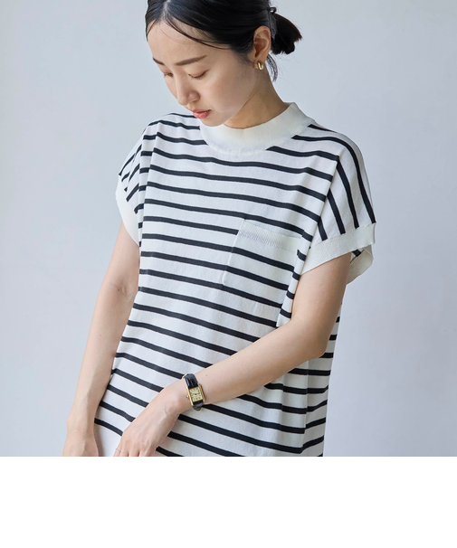 サラコハイネックフレンチスリーブサマーニットトップス