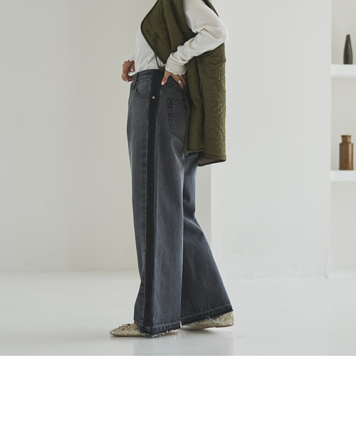 スタイルアップ叶う】サイドラインカットオフバギーデニムパンツ