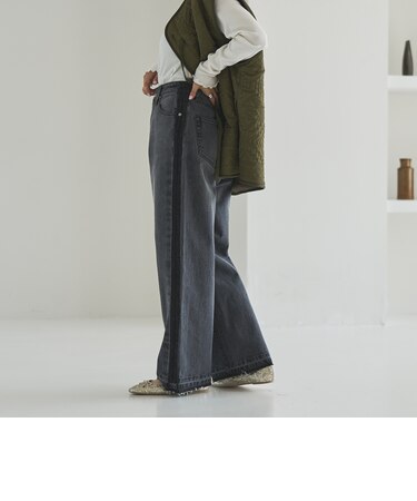 【スタイルアップ叶う】サイドラインカットオフバギーデニムパンツ