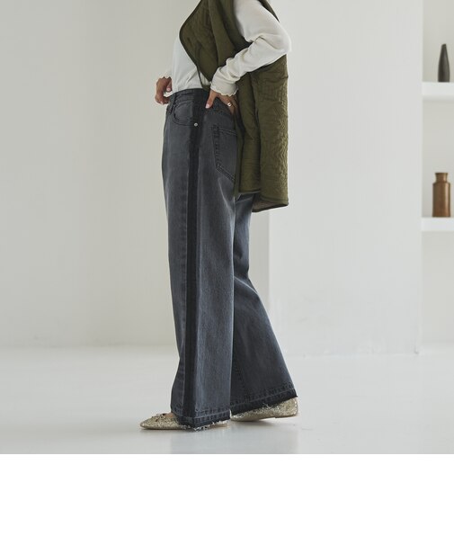【スタイルアップ叶う】サイドラインカットオフバギーデニムパンツ