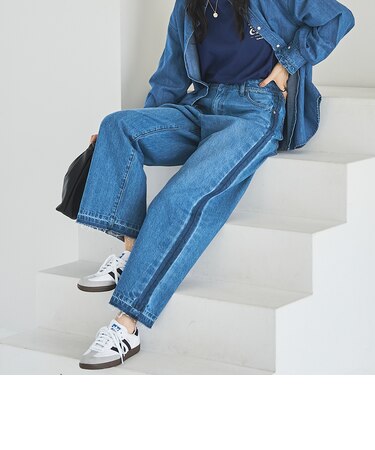 【スタイルアップ叶う】サイドラインカットオフバギーデニムパンツ