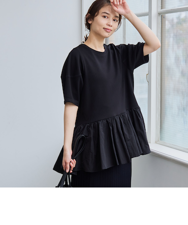 【RONEL】クリアポンチ異素材ドッキングペプラムカットソー