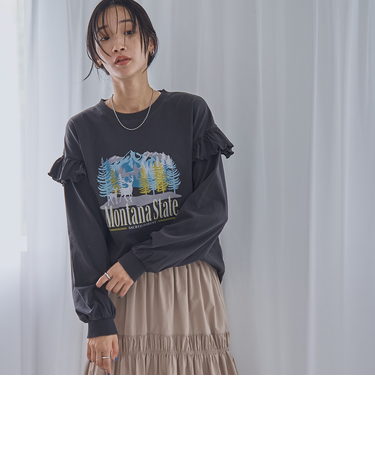スーベニアプリントフリルロングスリーブTシャツ