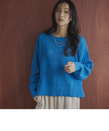 コットンアクリル透かし編みクルーネックニット