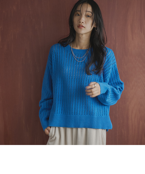 コットンアクリル透かし編みクルーネックニット