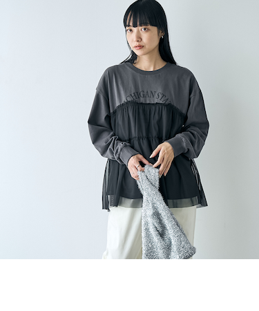 天竺ロゴプリントチュールドッキングロングスリーブTシャツ