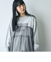 天竺ロゴプリントチュールドッキングロングスリーブTシャツ