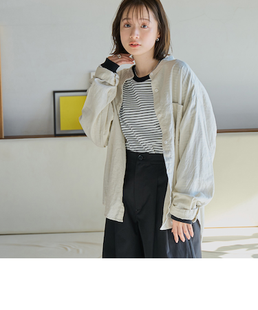 リネンレーヨンバンドカラーシャツ