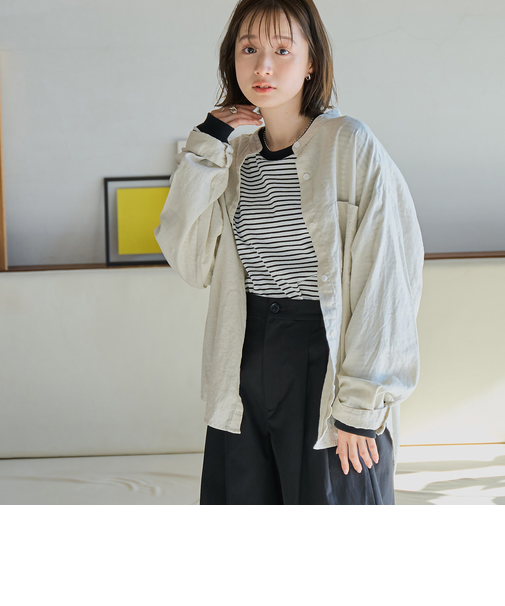リネンレーヨンバンドカラーシャツ