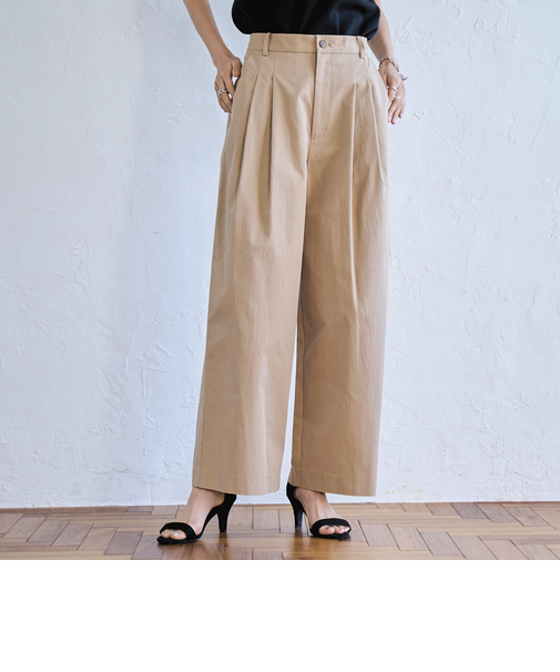 コットンナイロンツータックワイドパンツ