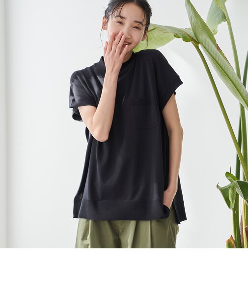 サラコフレンチスリーブハイネックサマーニットトップス