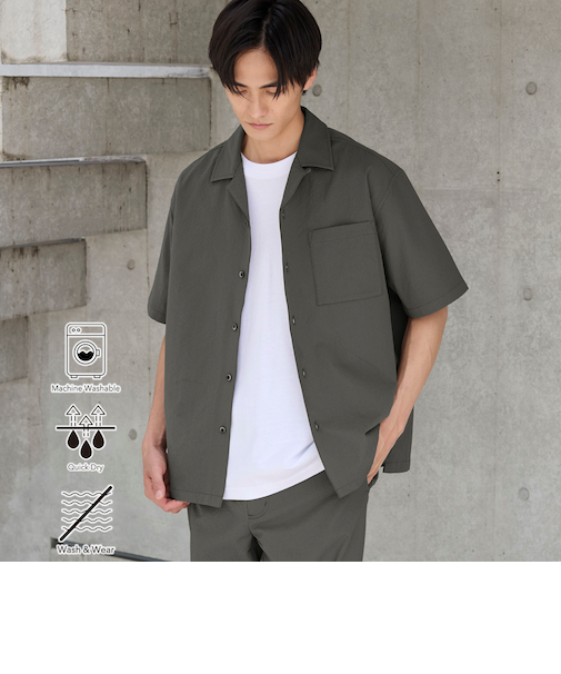 エンボス加工ビンテージライクオープンカラーシャツ ー吸水速乾ー