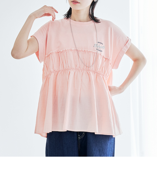 布帛ドッキングコットンロゴプリントT