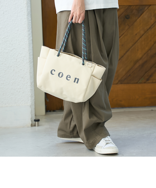 【一部WEBカラー・新色登場】coen（コーエン） ロゴ ポリキャンバストートバッグ（Mサイズ）