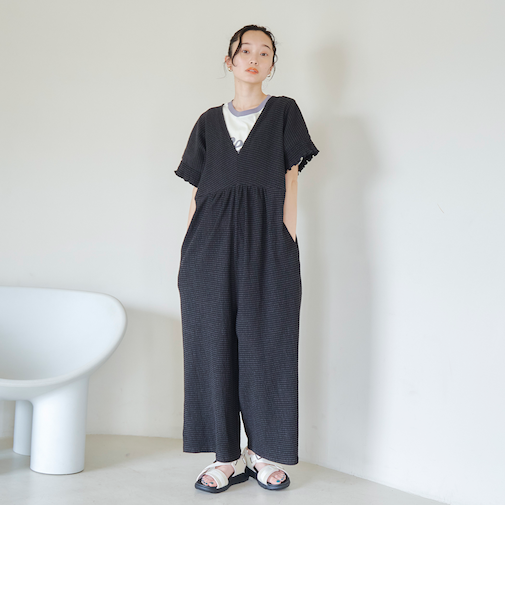 サッカーチェックオールインワンサロペット