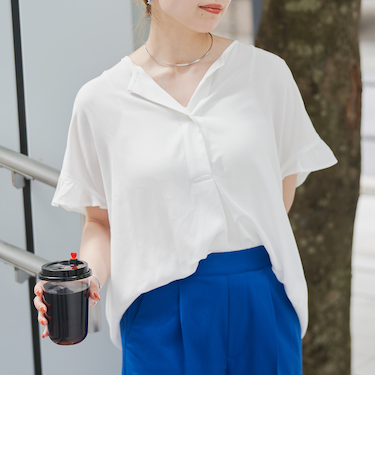【接触冷感】袖フリルスキッパーブラウス