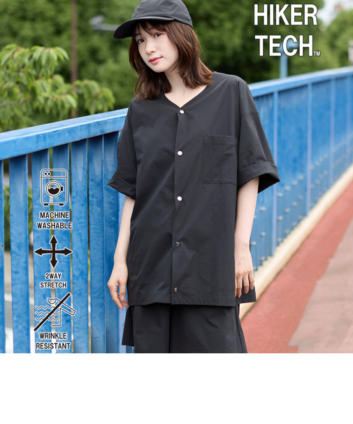 ハイカーテックライトウェイトノーカラーシャツ【洗濯機洗い可・2WAYストレッチ・防シワ】