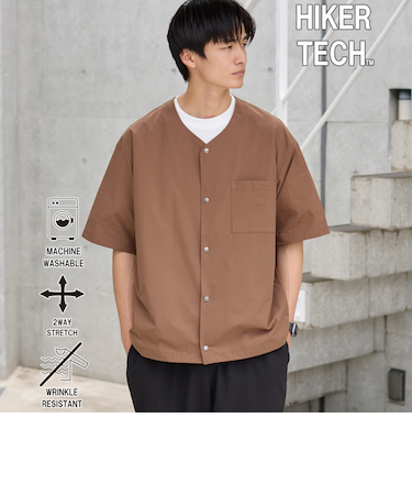 ハイカーテックライトウェイトノーカラーシャツ【洗濯機洗い可・２WAYストレッチ・防シワ】