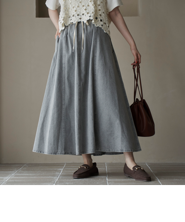 コットンレーヨンデニムパネルフレアスカート
