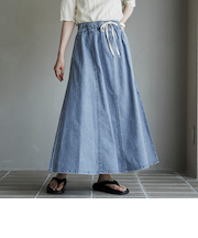 コットンレーヨンデニムパネルフレアスカート