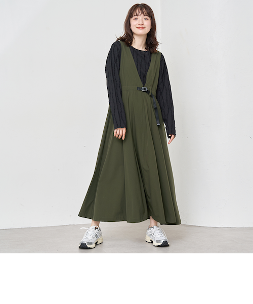 完売商品 ミニマルＶネックジャンスカ GLOBAL WORK ジャンパースカート スゴラクストレッチVネック