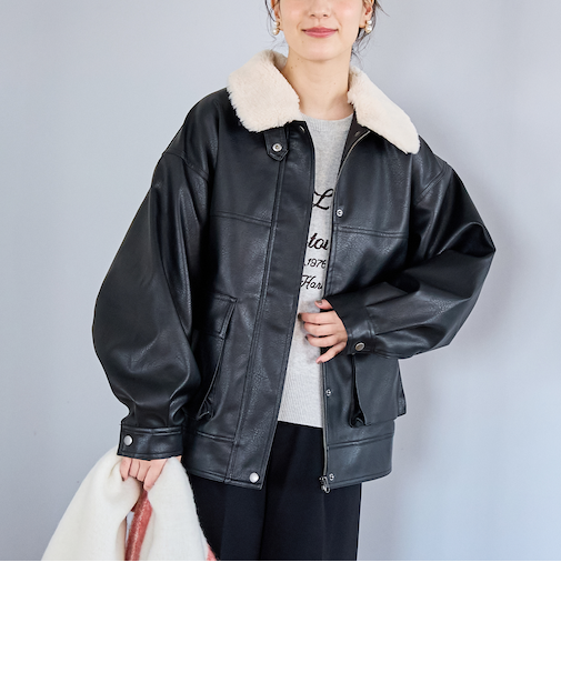 ボア襟付きレザーライクヴィンテージブルゾン